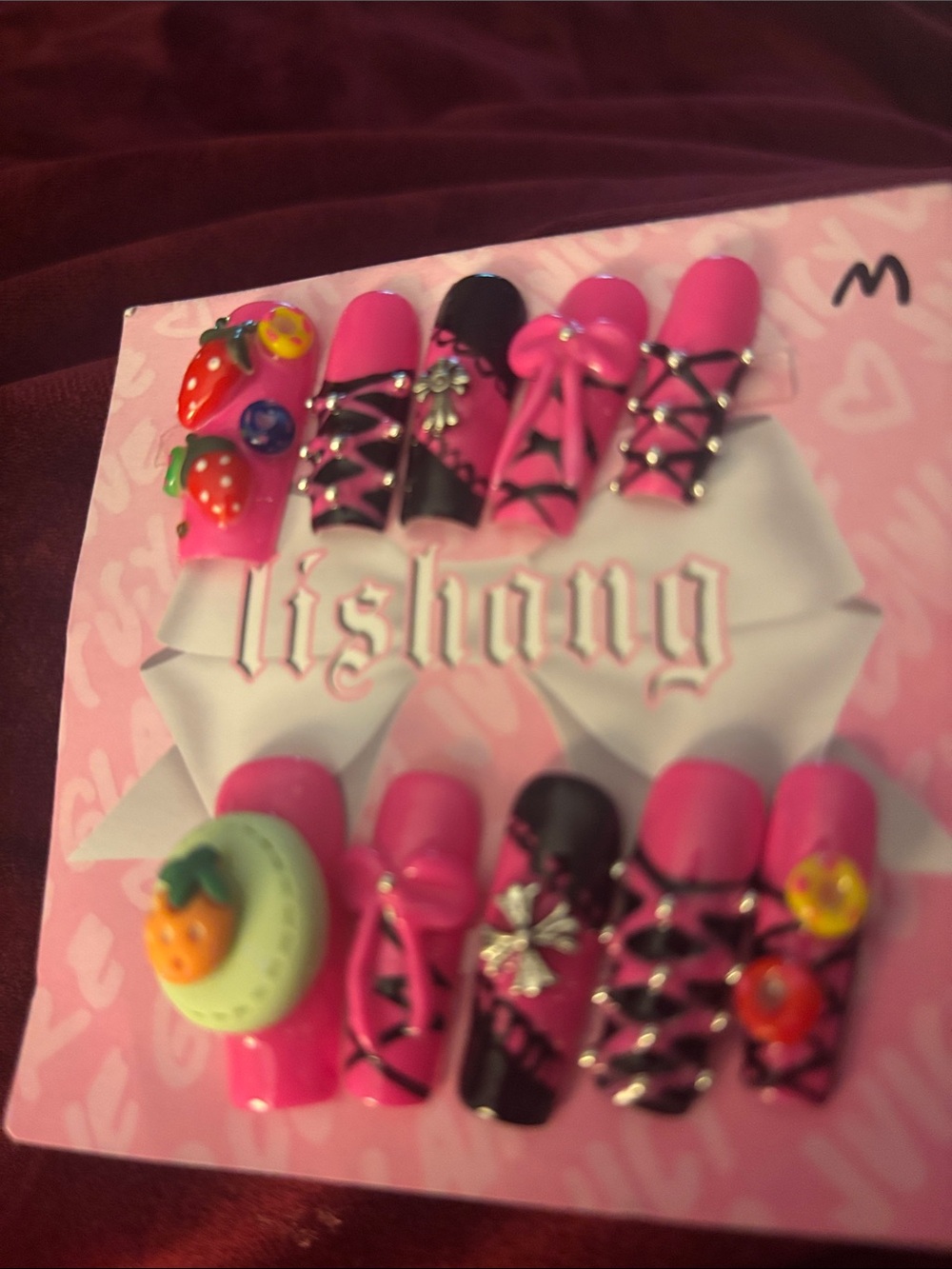 SHAN Pink and Black Kids Faux Nail Set with Fruit Charms